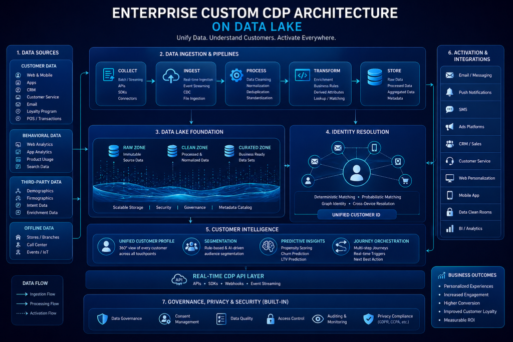 Custom CDP architecture built on data lake with pipelines identity resolution and segmentation