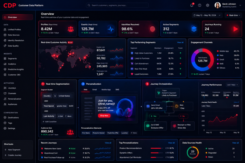 CDP SaaS dashboard showing real time segmentation personalization and customer journey orchestration