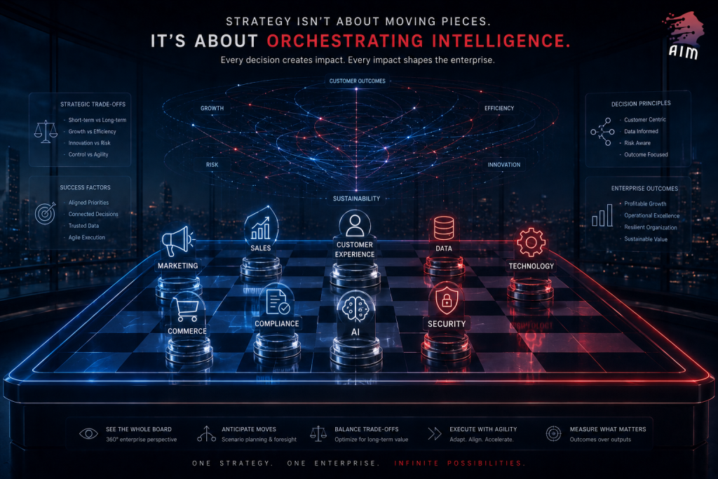 Transparent enterprise strategy board visualizing decision-making across marketing, sales, customer experience, data, compliance, security, commerce, and AI.
