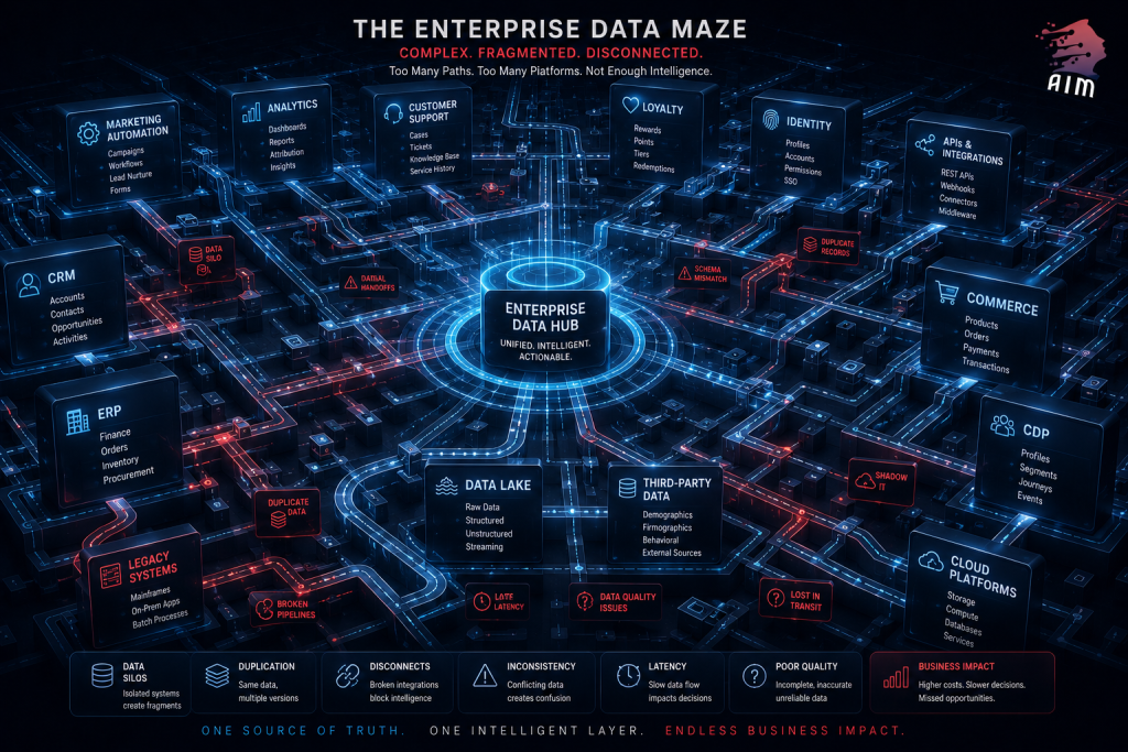 Enterprise data architecture visualized as a complex digital maze connecting CRM, CDP, ERP, Commerce, Analytics, APIs, Cloud, and Data Lake platforms.